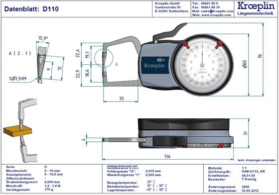 Kroeplin D110 merilna ura za merjenje debeline materiala - tehnina rusba