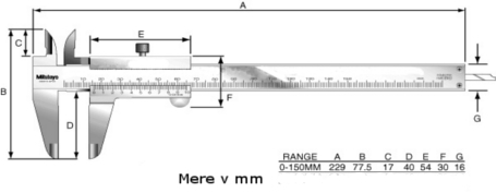 Tehnična slika kljunastega pomičnega merila ''šubler'' MITUTOYO 530-101 analogni